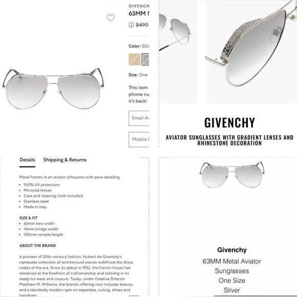 GIVENCHY SILVER  RHINESTONE PILOT AVIATOR SUNGLASSES - Picture 3 of 16